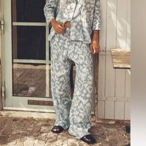 Zara Printed Rami Pants Blue Cream Size Medium Comfy Vacation Cruise Lightweight